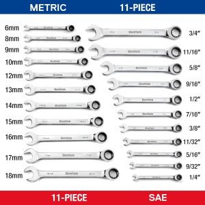 DURATECH Ratcheting Wrench Set, Combination Wrench Set, SAE & Metric, 22-piece, 1/4″ to 3/4″ & 6-18mm, CR-V Steel, with Pouch