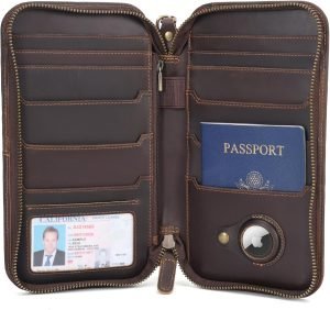 Polare Full Grain Leather Family Passport Holder Travel Wallet and Documents Organizer RFID Blocking Case Fits 6 Passports (Dark Brown with AirTag Slot)