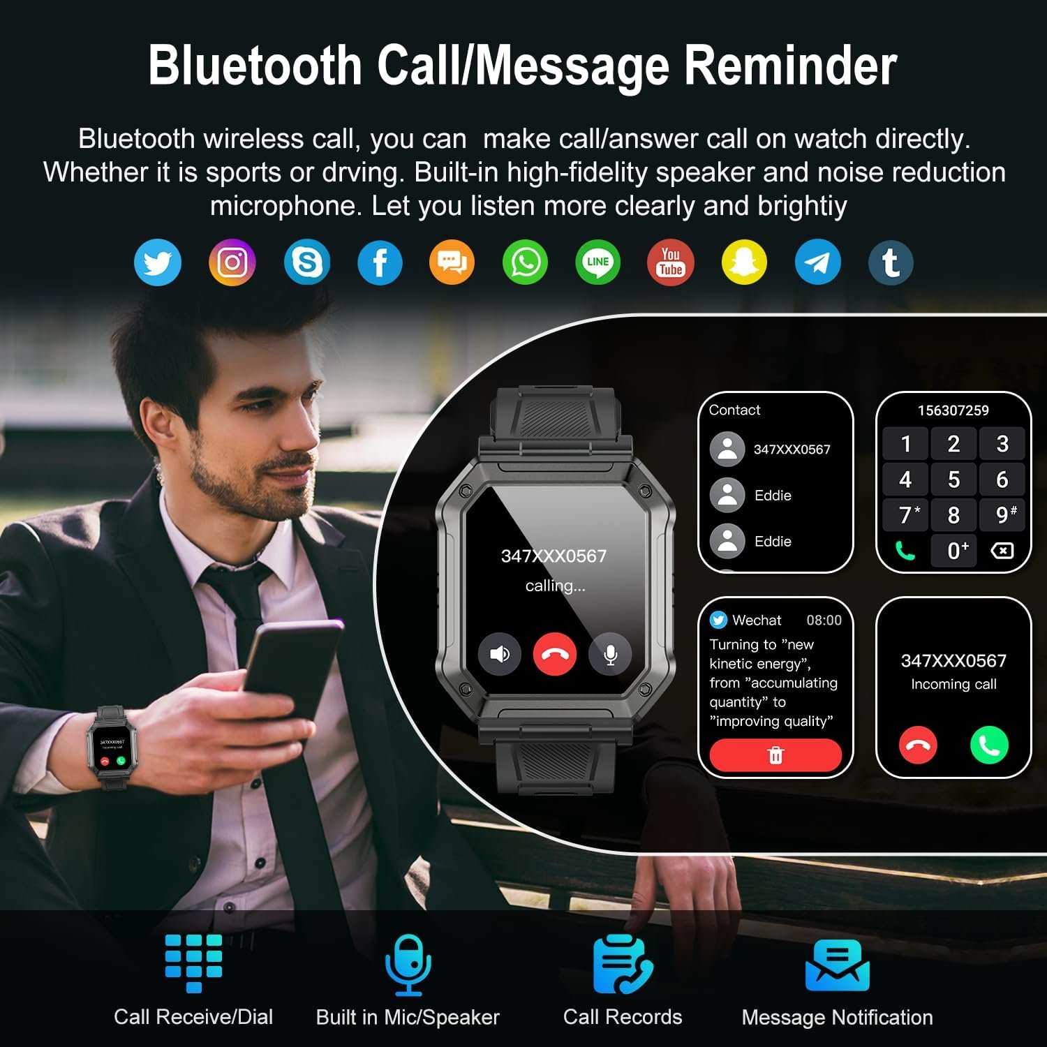 Smart Watch for Men Fitness Tracker: Military Digital Mens Watches Bluetooth Make Answer Call Running Waterproof Smartwatch Android Phones iPhone Samsung Compatible Heart Rate Monitor Step Pedometer - Image 2