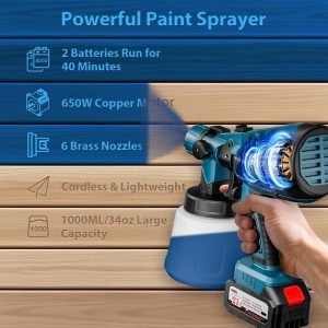 Paint Sprayer, 650W Cordless Spray Paint Gun with 2 * 4.0mAh Batteries, 6 Brass Nozzles & 3 Spray Patterns, Electric Paint Sprayer for House Painting Graffiti Wall Fence Furniture DIY Projects