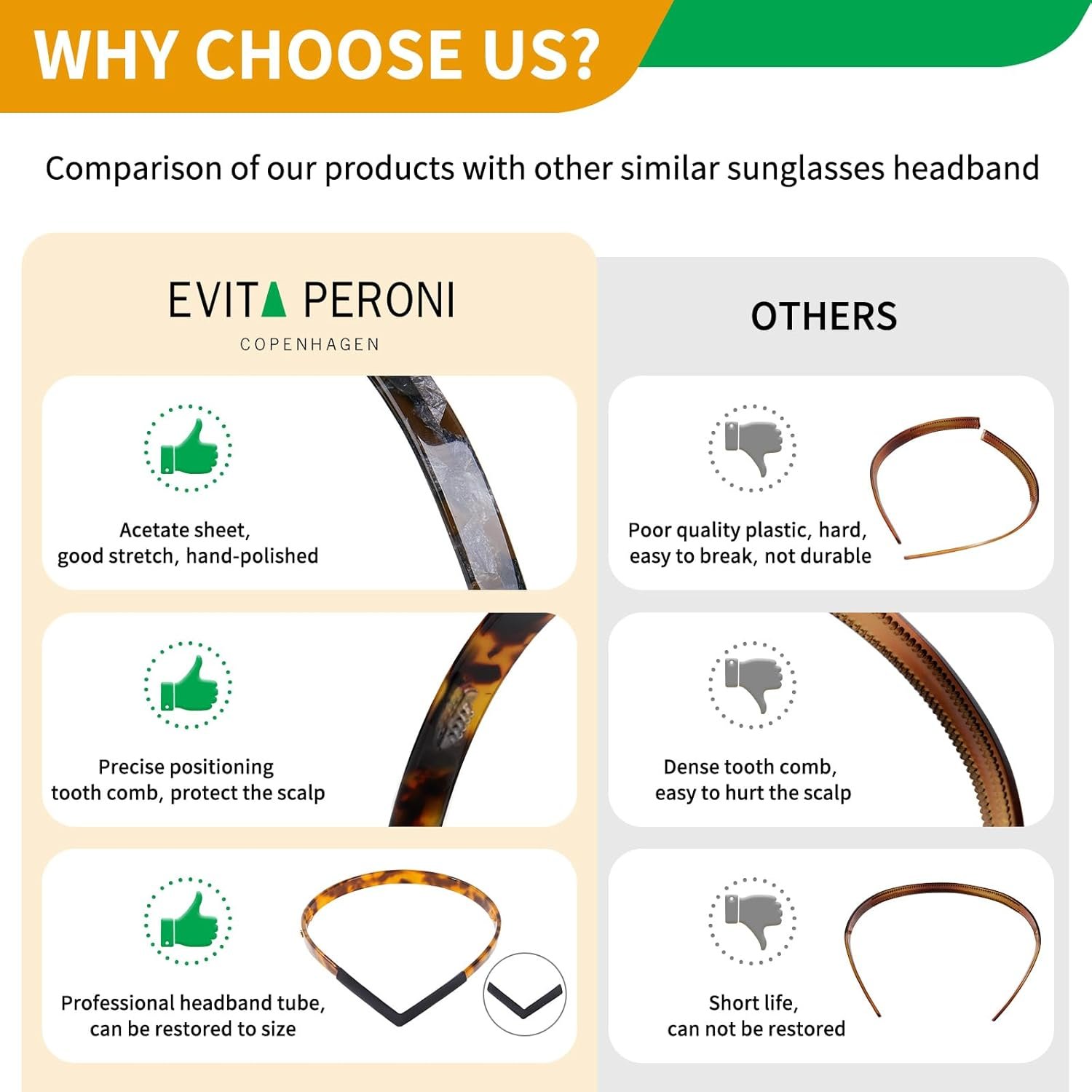 EVITA PERONI Hairband Designed for Eyewear, 3PCS - Basic Color - Tortoise & Amber & Black, Acetate, Fashion Thin Non-Slip Hair Accessories for Women Securing Hair - Image 5