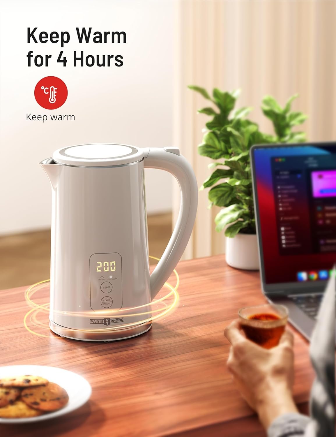 PARIS RHÔNE Electric Kettle Temperature Control, 1.7L Electric Tea Kettle Water Boiler, 4H Keep Warm with 6 Presets, LED Screen Electric Kettles for Boiling Water, Boil-Dry Protection, BPA Free - Image 7