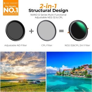 K&F CONCEPT 67mm Variable Fader ND2-32 ND Filter and CPL Circular Polarizing Lens Filter in 1 for Camera Lens Waterproof Neutral Density Polarizer Filter (Nano-D Series)