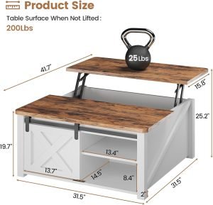 SEDETA 31.5″ Lift Top Coffee Table with Storage, Square Coffee Tables for Living Room, Farmhouse Coffee Table with Large Hidden Storage Compartment and Adjustable Shelves, White