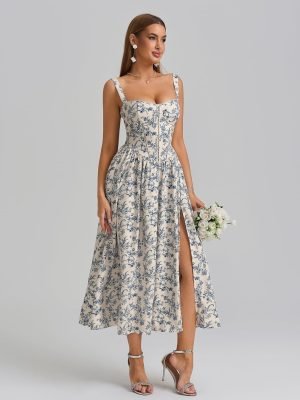 KUTUMAI Floral Corset Midi Dress Flowy Slit Summer Spring Wedding Guest Dresses for Women ...