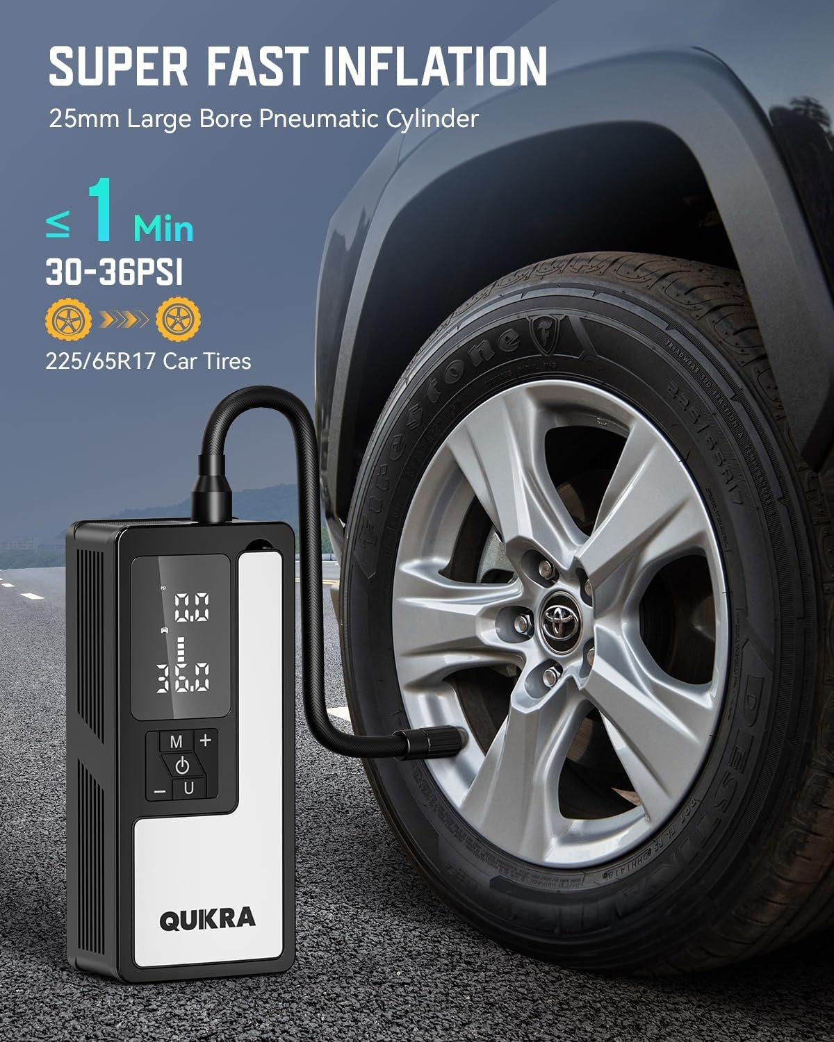P009 Tire Inflator Portable Air Compressor, 4× Faster 150PSI Air Pump, Auto Shut-off Cordless Tire Pump, Smart Air Compressor with LED Light and Pressure Gauge for Car Motorcycle Bike and Ball - Image 3