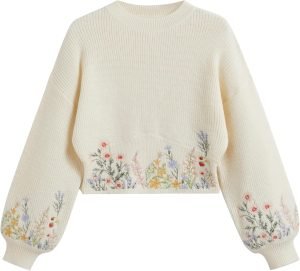 CIDER Knit Sweater Women Floral Embroidery Crew Neck Crop Top Oversized Long Sleeve Pullov...