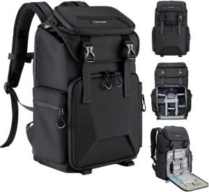 K&F CONCEPT Camera Backpack, Hard Shell Camera Bag, Large Capacity Photography Backpack with 15.6″ Laptop Compartment & Tripod Holder & Rain Cover