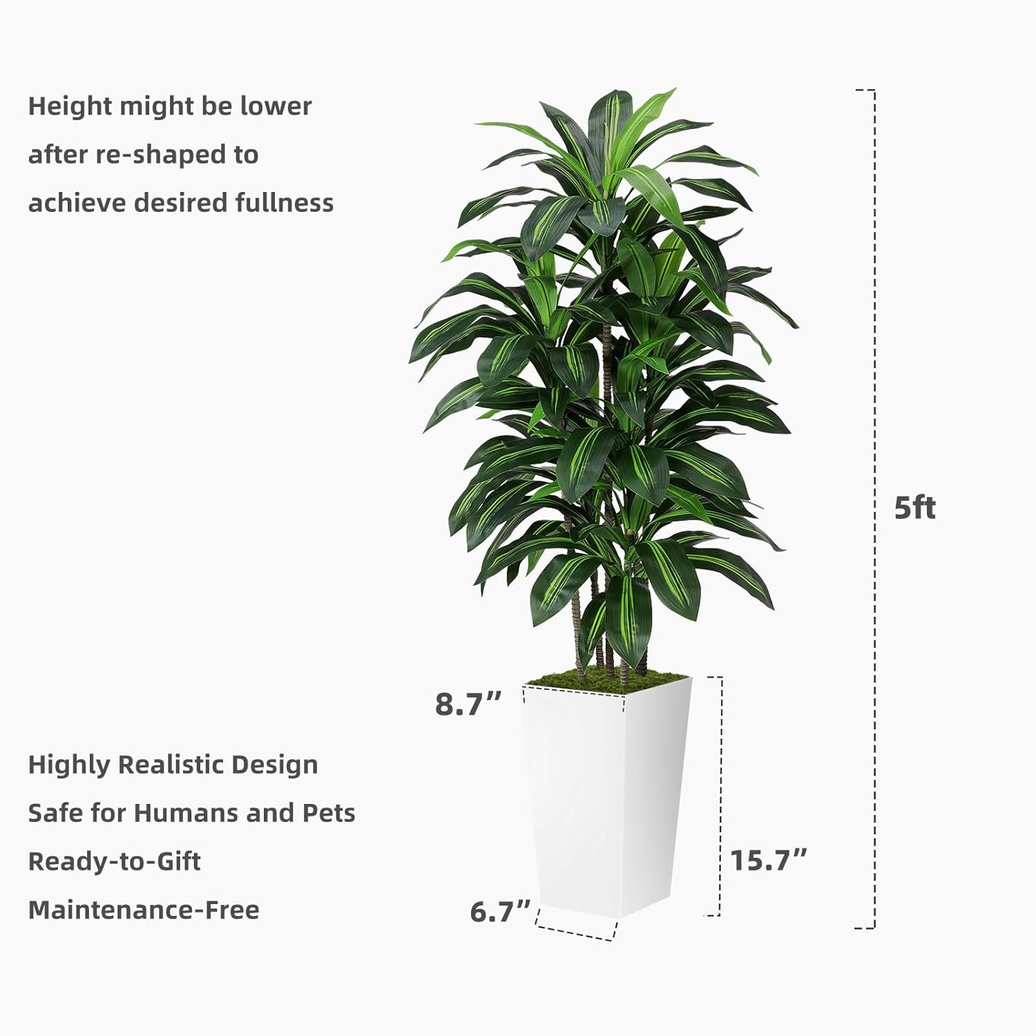 Artificial Dracaena Plant Indoor 5FT - Fake Tree with White Tall Planter - Faux Yucca Tall Fake Floor Plant in Pot - Artificial Trees for Home Office Living Room Decor Indoor - Image 6