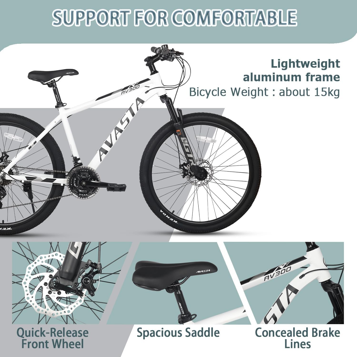 AVASTA AV300 26 27.5 inch Mountain Bike with 21-Speed,Aluminum Frame, Dual Disc Brake, Comfortable Saddle,Multiple Colors - Image 4