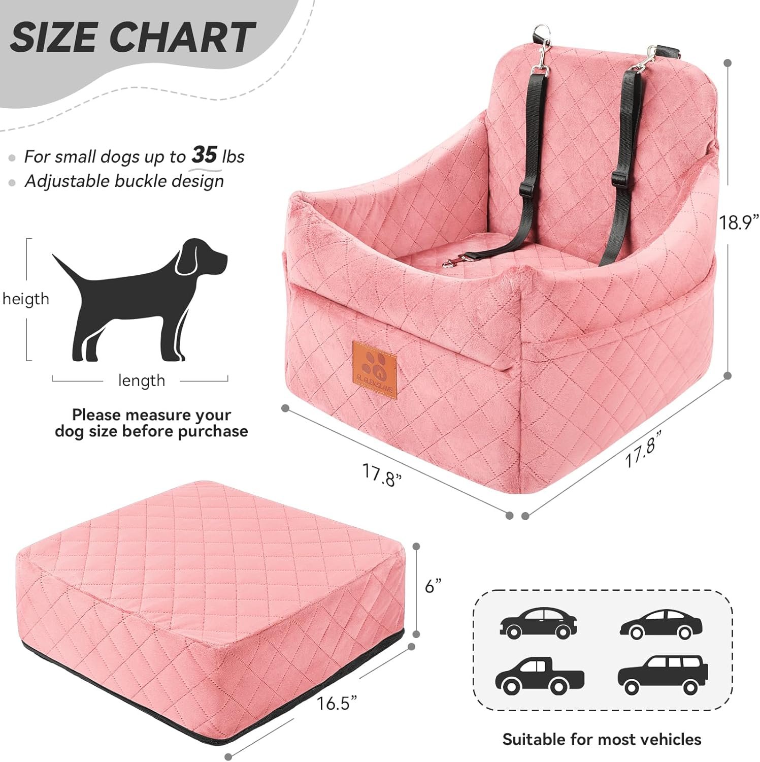 Dog Car Seat for Small/Medium Dogs, Dog Booster Car Seats with Thick Cushion for Dogs Under 35lbs, Detachable Washable Pet Bed with Storage Pockets, 2 Safety Belts (Pink) - Image 3