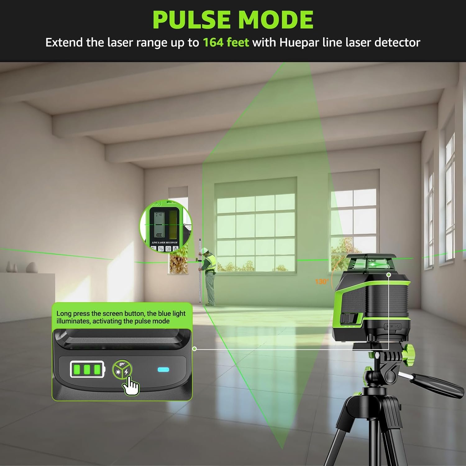 Huepar 360° Laser Level with Tripod 60in, 82Ft - 165Ft Self Leveling Laser Level with Pulse Mode, 3 Brightness Levels Rechargeable Li-ion Battery Green Line Laser Leveler Tool for DIY Indoor Project - Image 4