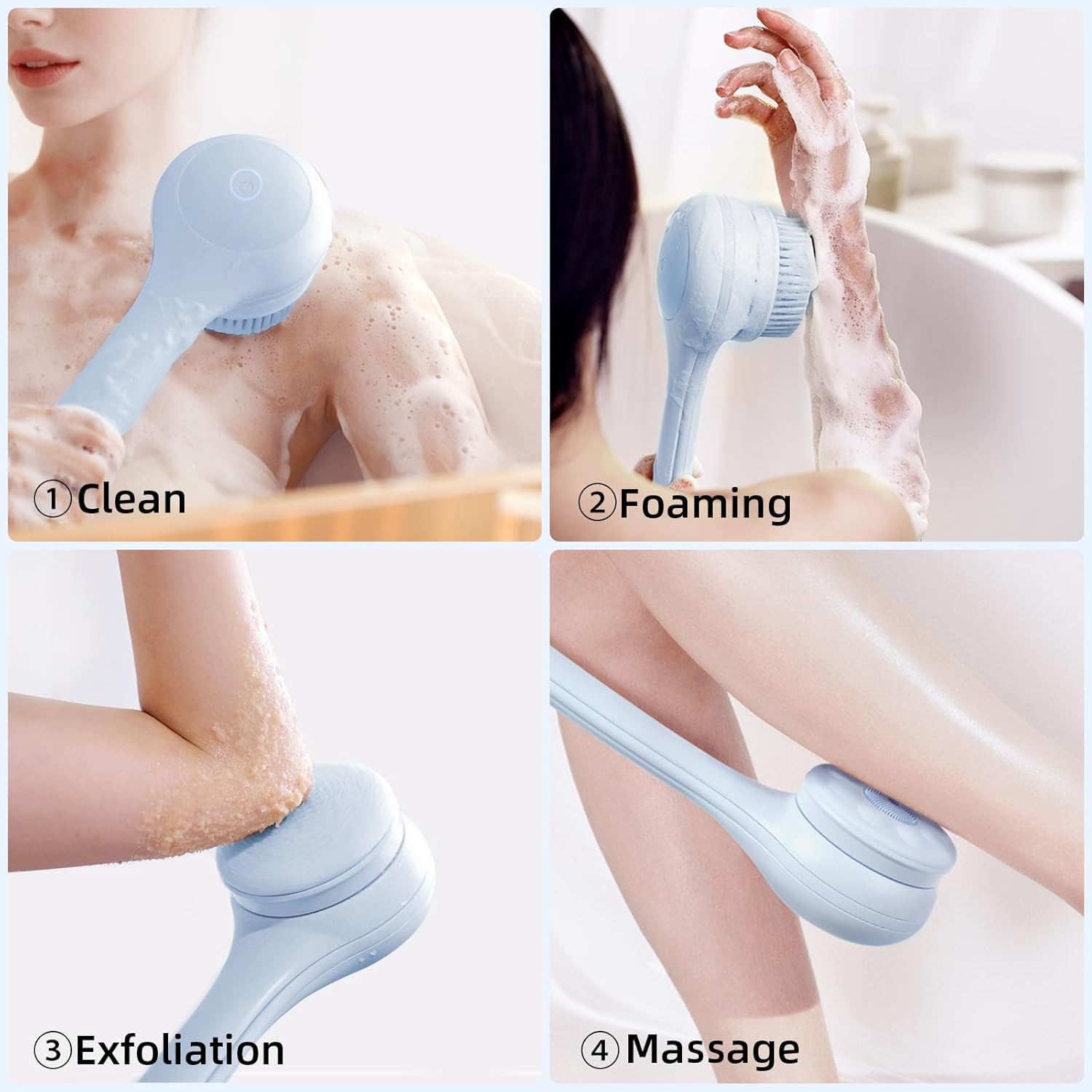Electric Body Brush Back Scrubber for Shower, Waterproof Long Dual Handle Power Body Scrubber with 3 Heads, Rechargeable Bath Brush & 2 Speeds, for Cleansing, Exfoliating and Massaging Skin - Image 2