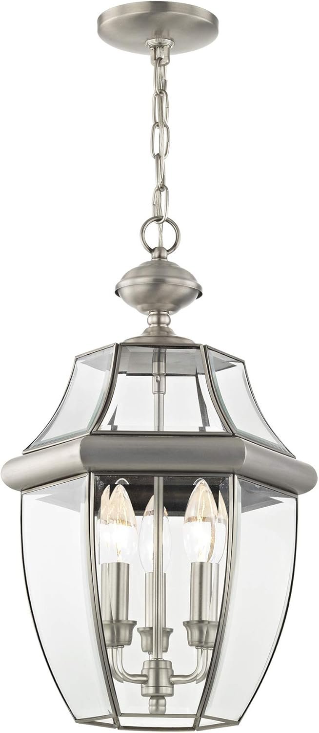 Livex Lighting 2355-91 Monterey 3 Light Outdoor Brushed Nickel Finish Solid Brass Hanging Lantern with Clear Beveled Glass - Image 3