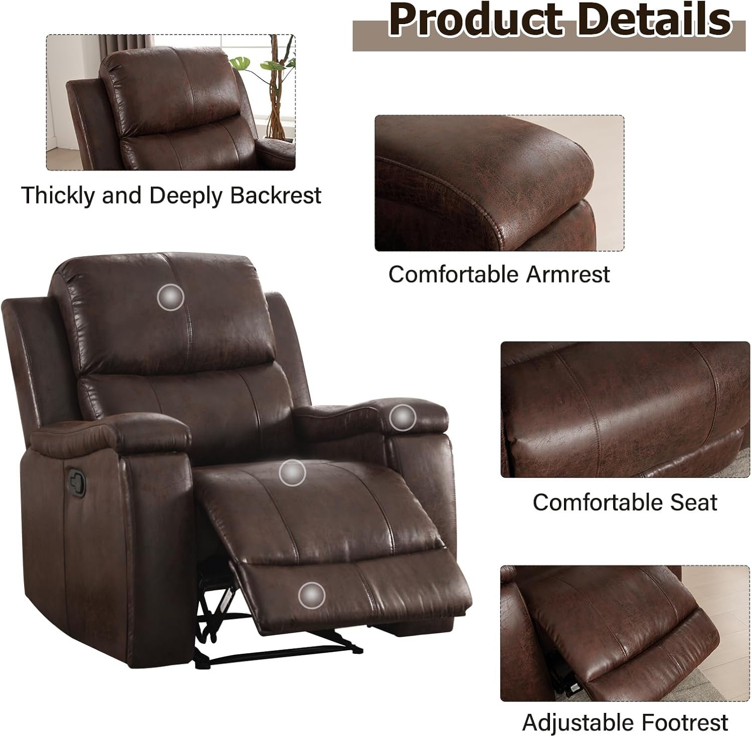 CANMOV Leather Recliner Chair, Classic and Traditional Manual Recliner Chair with Overstuffed Arms and Back, Manual Single Sofa with Concealed Cup Holders,Red Brown - Image 3