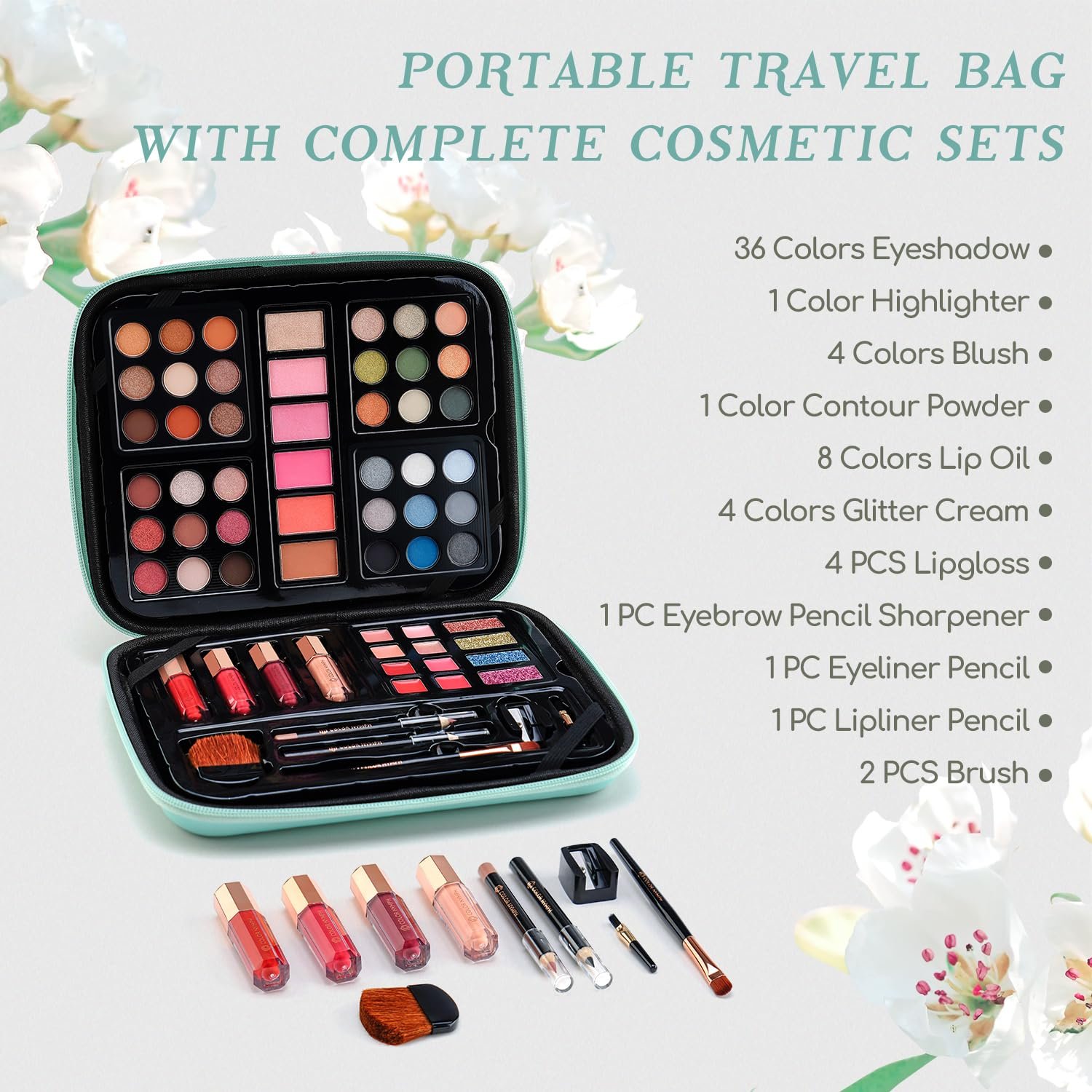 Color Nymph Beginner Makeup Kits Gift for Teens, Makeup Palettes with Reusable Handbag Includes 36 Colors Eyeshadow Blushes Bronzer Highlighter 4 Colors Lipgloss, Lip Oil Brushes Mint Green - Image 2