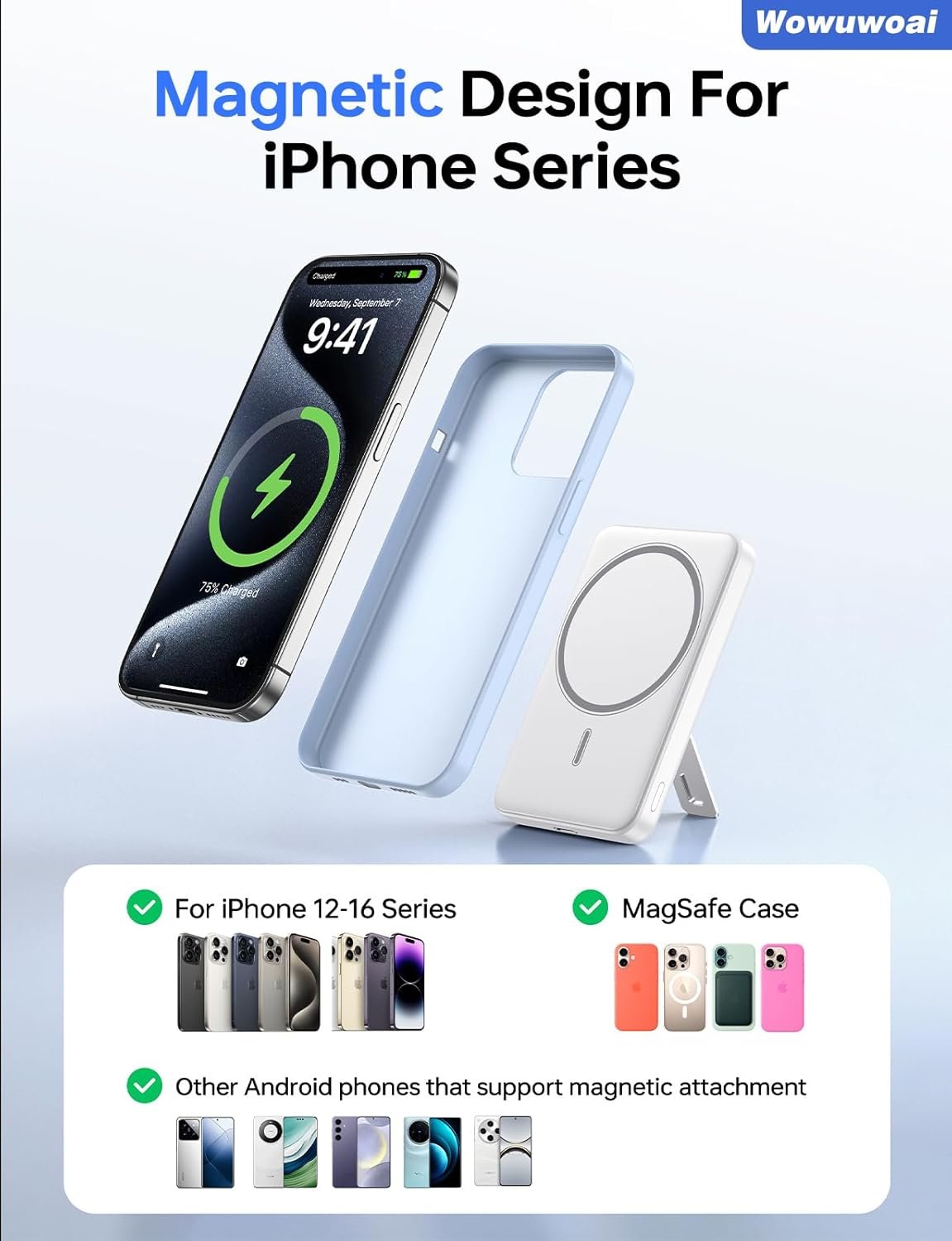 for Magsafe Portable Charger, 10000mAh Wireless Power Bank with Stand, USB C PD 20W Fast Charging Powerbank, Magnetic Battery Pack Compatible for iPhone 17/16/15/14/13/12 Series - White - Image 7