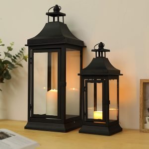 JHY DESIGN Set of 2 13”&19.5”Tall Outdoor Candle Lanterns Vintage Hanging Tower Lantern Metal Candle Holder for Garden Living Room Indoor Outdoor Parties Weddings Balcony(Black)