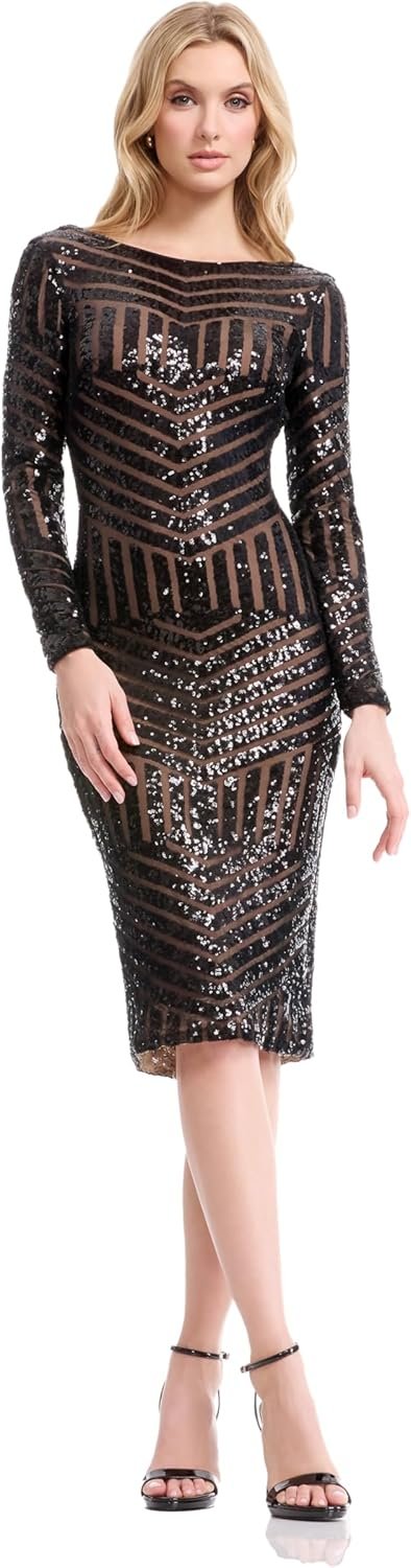 Dress the Population Womens Emery Long Sleeve Stretch Sequin Midi SheathDress