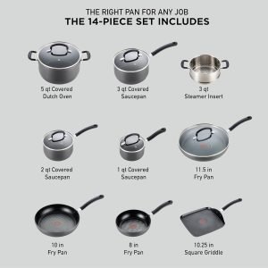T-fal Ultimate Hard Anodized Nonstick Cookware Set 14 Piece, Oven Broiler Safe 400F, Lid S...