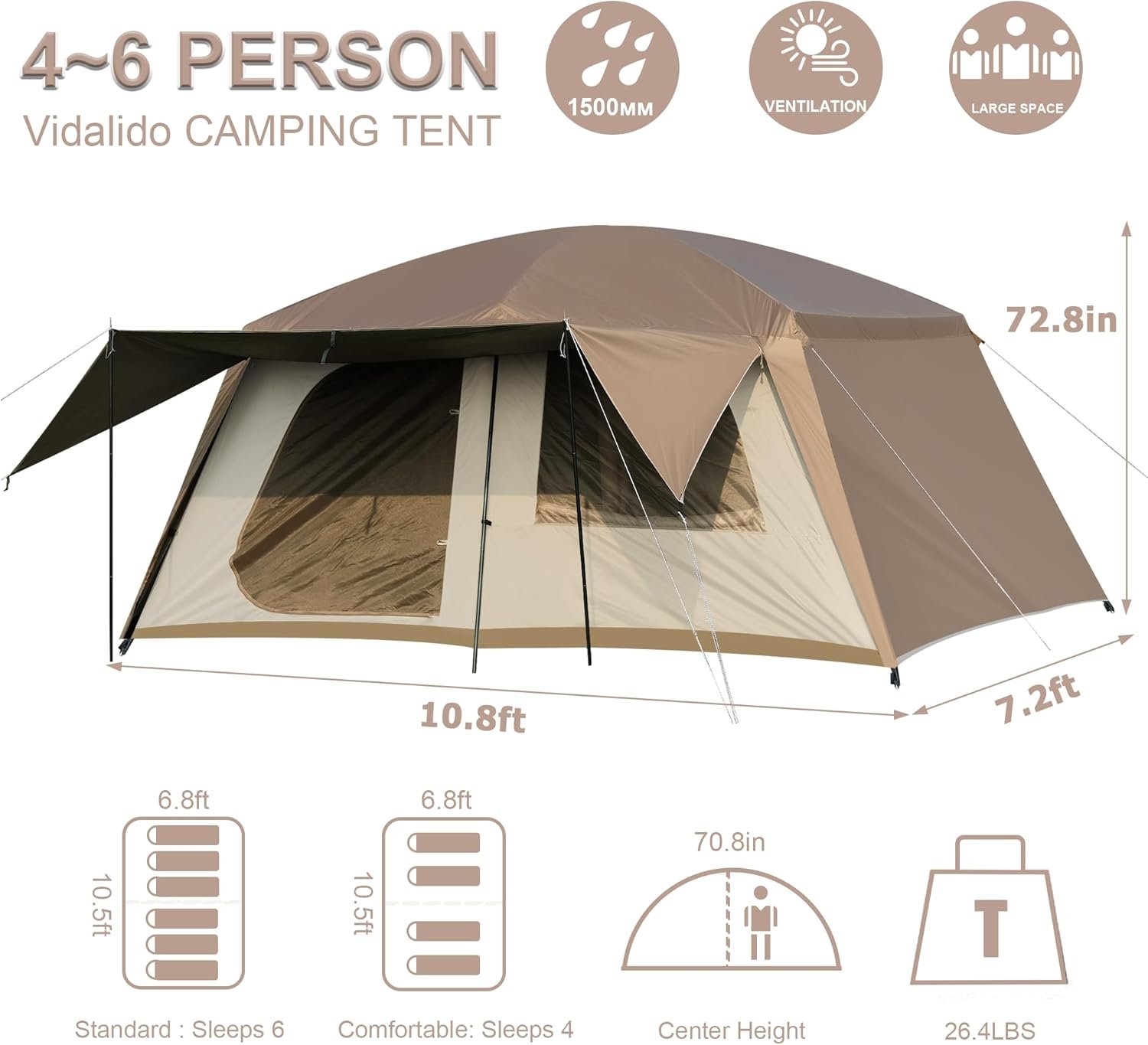 Vidalido 4-6 Person Camping Tent with 3 Door 2 Room Large Family Cabin Tents, Double Layer Waterproof Portable Glamping Tent, Big Tents for Outdoor Camping Hiking and Backpacking - Image 5