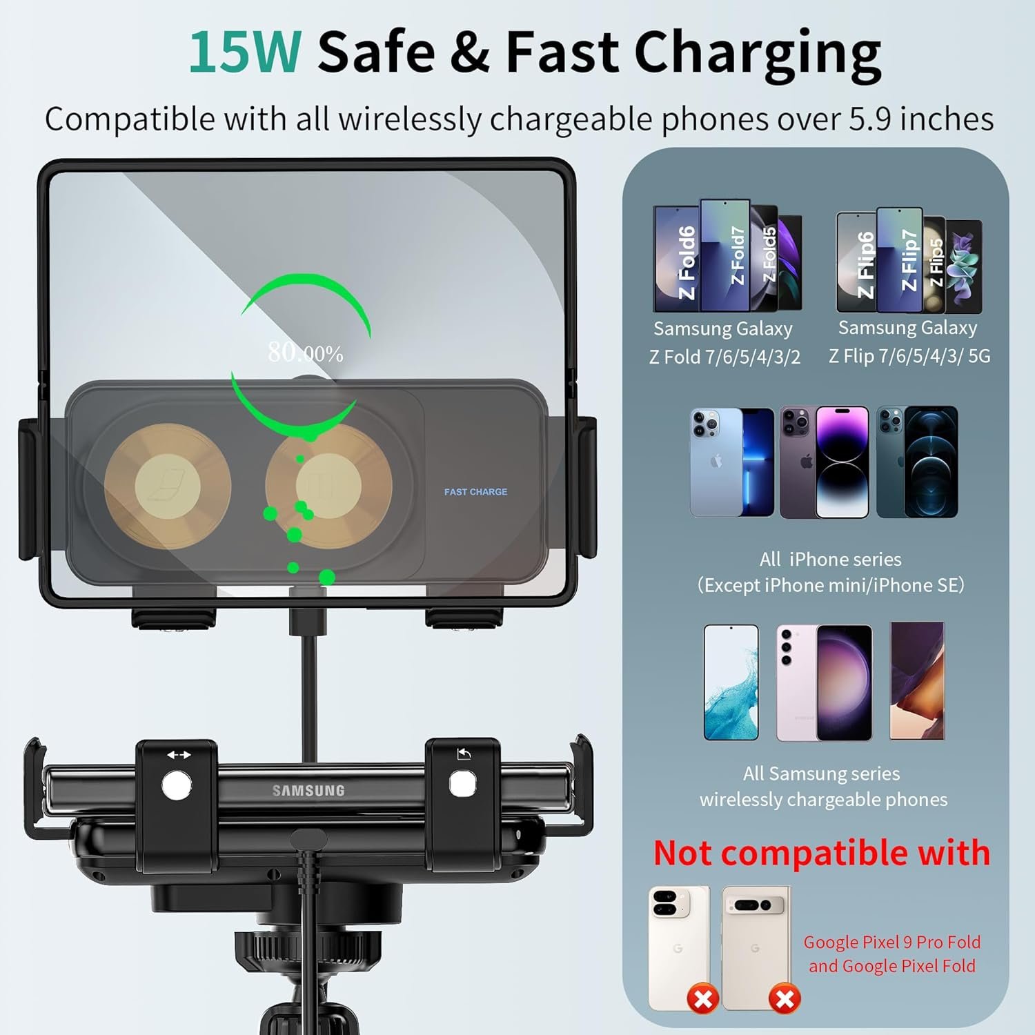 Wireless Car Charger Mount, 15W Dual Coil One-Touch Rotatable Car Phone Holder Wireless Charger for Samsung Galaxy Z Fold 7/6/5/4/3/2, Z Flip, S25/S24/S23/S22, iPhone, Car Charger Included - Image 4