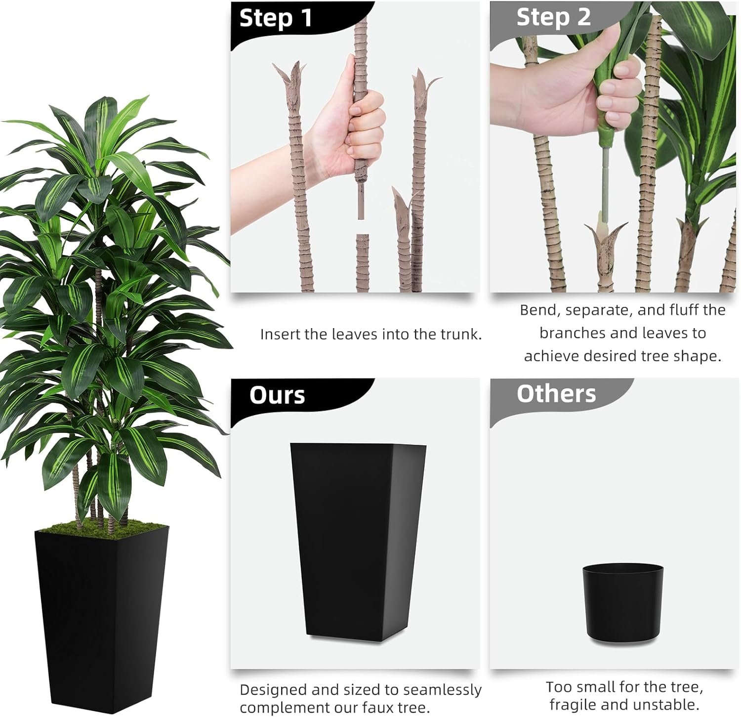 Artificial Dracaena Plant Indoor 5FT - Fake Tree with White Tall Planter - Faux Yucca Tall Fake Floor Plant in Pot - Artificial Trees for Home Office Living Room Decor Indoor - Image 5