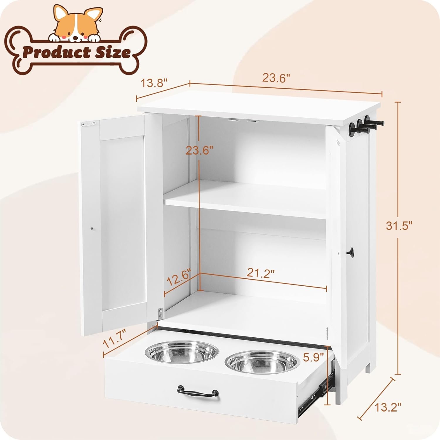 ALINE FURNITURE Dog Feeding Station with Storage Cabinet and 2 Elevated Dog Bowls, Hidden Pet Feeder Station Wood, Dog & Cat Storage Organizer, White - Image 5