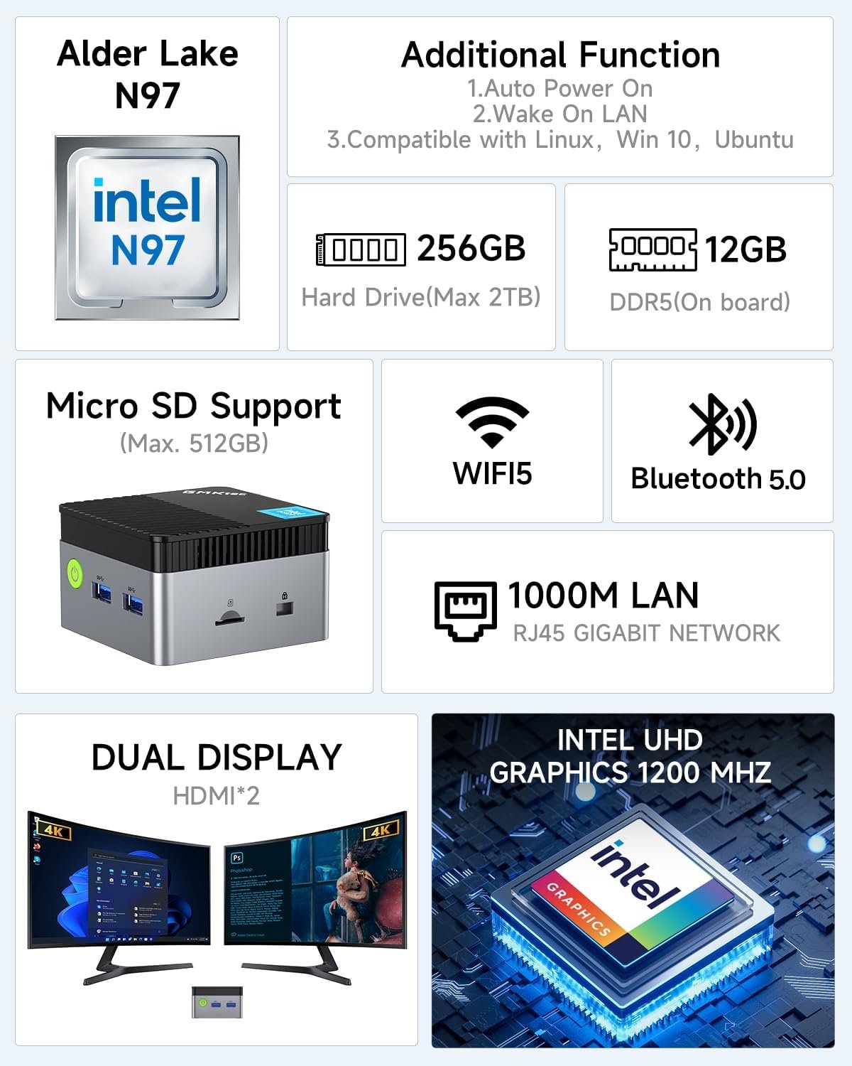 GMKtec Mini PC NucBox G5, Intel 12th Gen Alder Lake N97 (up to 3.6GHz), 12GB RAM 256GB M.2 SSD, Home & Business Mini Computer, Silent Office Pc 4K UHD Dual HDIMI, RJ45 Ethernet - Image 2