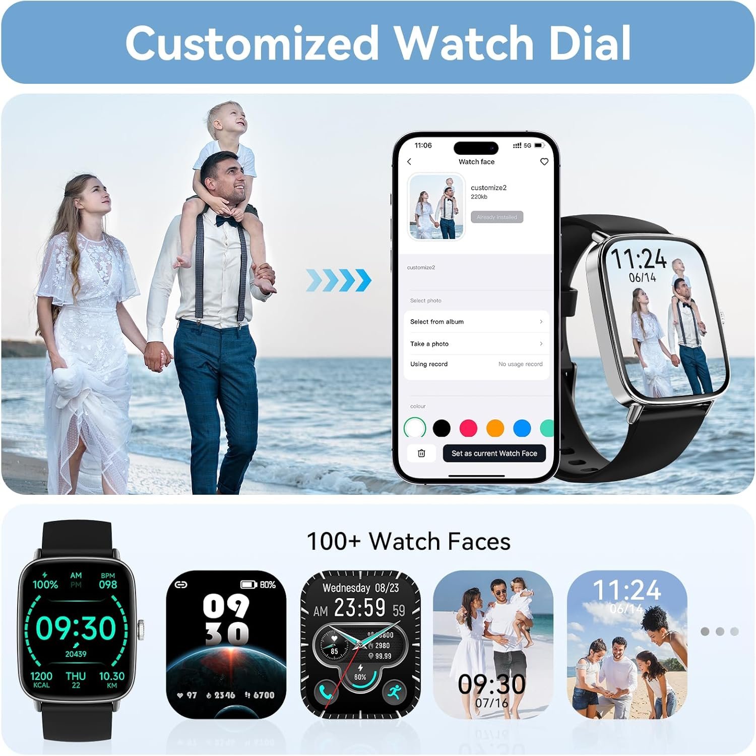 Smart Watch for Women Men, 1.85" HD Dynamic Dial Smartwatch for Android & iPhone with Answer/Make Call, Fitness Tracker with 110+ Sport Modes, Heart Rate/SpO2/Sleep Monitor, IP68 Waterproof (2 Bands) - Image 6