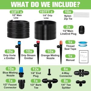 230FT Drip Irrigation System for Garden with 40 Nozzles & Emitters, Garden Watering System with 1/2″ & 1/4″ Tube and Barbed Fittings – Adjustable Sprinklers Kit for Greenhouse, Lawn, Raised Bed