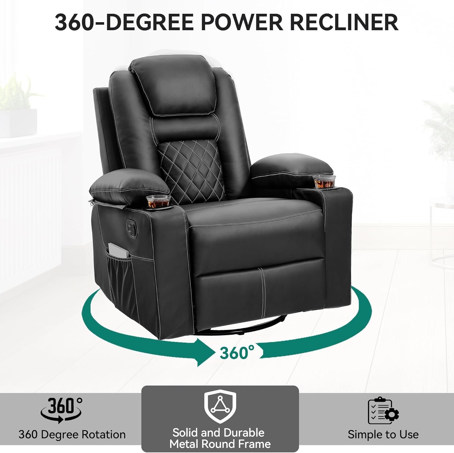 YITAHOME Recliner Chair,PU Rocking Chair for Adults,Swivel Recliner with Cup Holders,Heat and Massage,Single Sofa Seat with Side Pockets for Living Room/Bedroom,Black - Image 7
