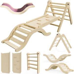 Pikler Triangle Set Climber 5 in 1, Toddler Climbing Toys Indoor Folding with Ramp & Arch & Mat for Montessori Play Gym for Toddlers and Kids (Natural)(99″ Wx21 Dx23 H)
