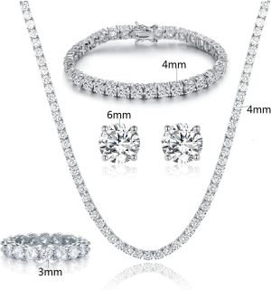 Gemsme 18K White Gold Plated Tennis Necklace/Bracelet/Earrings/Band Ring Sets Hypoallergenic Jewelry Pack of 4