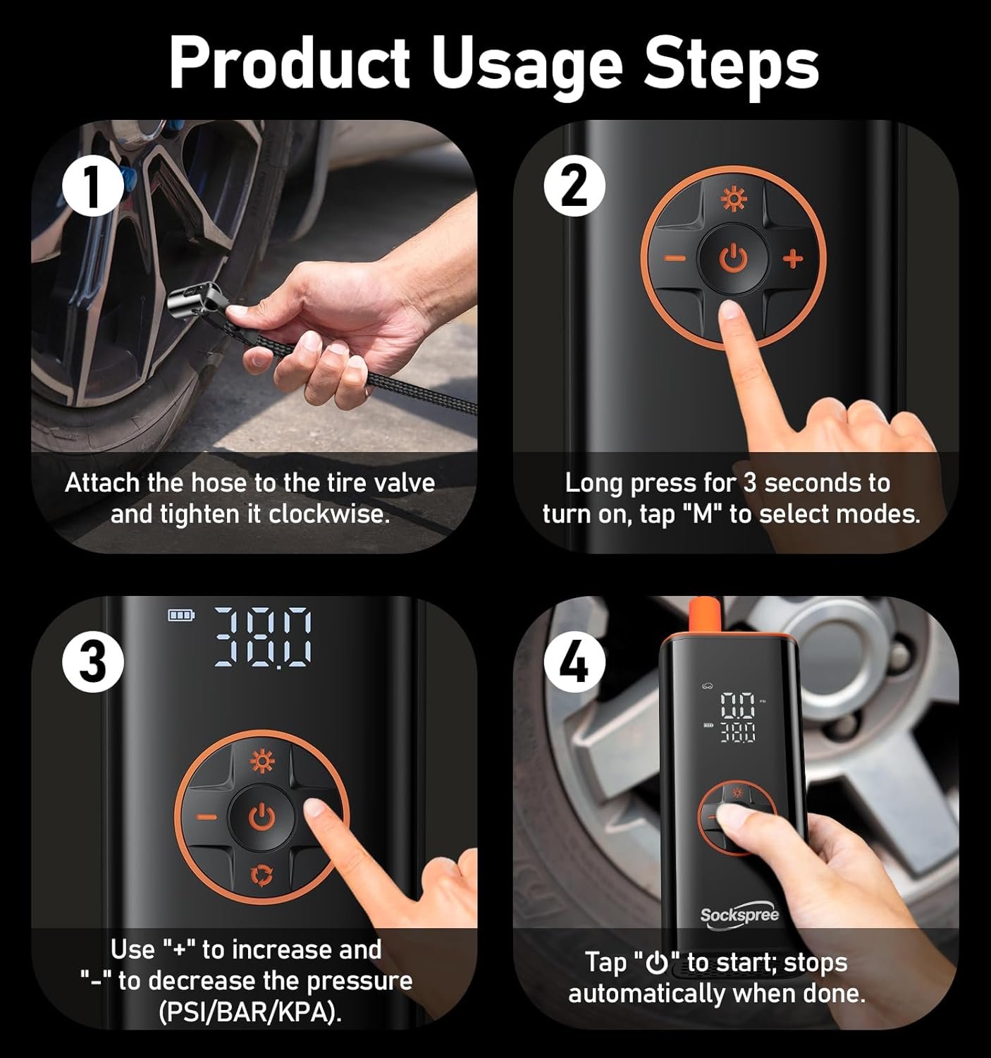 Tire Inflator Portable Air Compressor 5 in 1 Cordless Smart Pump with Tire Pressure Gauge 150PSI and LED Lights for Cars Bikes Motorcycle Balls Custom Mode Inflatables Orange Black - Image 7