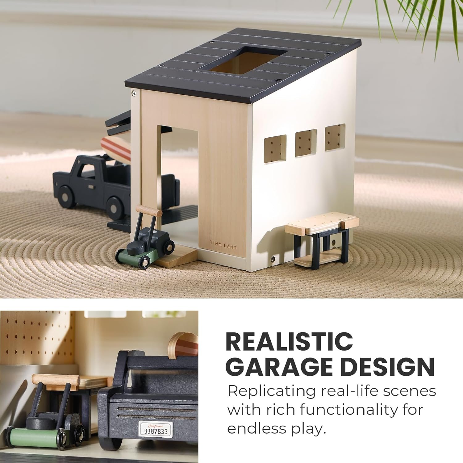 Tiny Land Wooden Dollhouse Garage Set – Realistic Design with Garage, Workbench,Lawn Mower & SUV Car, Expansion Dollhouse Furniture & Accessories for Doll house, Educational Pretend Play Gift for Kids - Image 5