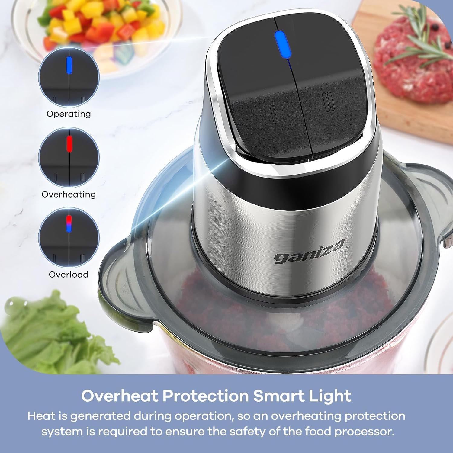 Ganiza Food Processor, 2-Speed Food Chopper Meat Grinder with 8 Cup Stainless Steel & 8 Cup Glass Bowls, Upgraded Button & Smart Overheat Protection Light - Includes Clean Brush, 2 Sets of Blades - Image 2