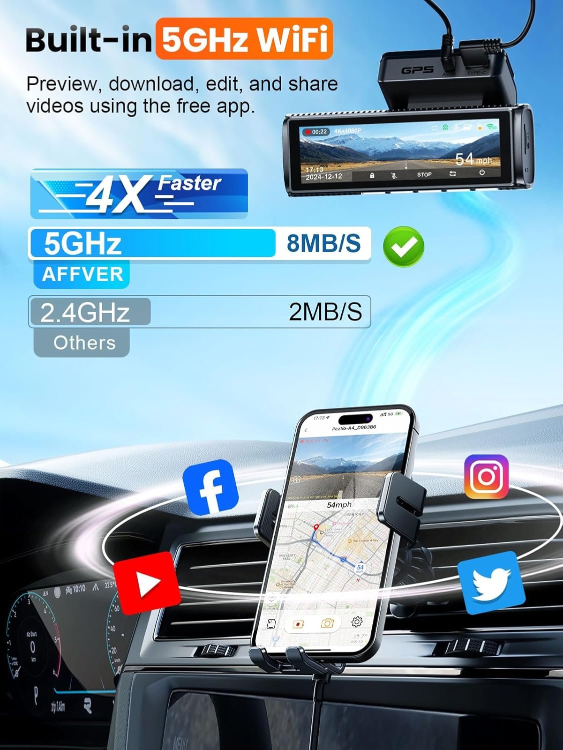 4K Dash Cam Front and Rear, Built-in 5G WiFi GPS, 64GB Card Included, 3.59'' IPS Screen Dash Camera for Cars, Dual Dashcam with G-Sensor, Loop Recording, WDR, Night Vision, 24H Parking Monitor - Image 4