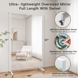 brisafe Home Gym Mirror 360° Swivel on Wheels, 67″ X 40″ Extra Large Full Body Rolling for Yoga, Nano Film Super Lightweight Unbreakable Full Length Mirror, White, 9.5 lbs