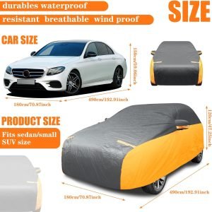 Riakrum Full Car Cover Waterproof Most Weather for Automobiles, Outdoor Full Cover Rain UV Protection Sun, Scratch Resistant Windproof (Fit Sedan Length (185-193”) 70” H,Black, Orange)
