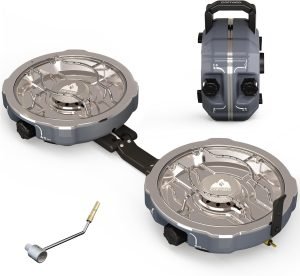 20,000 BTUs 2 Burner Propane Camping Stove, Portable Folding Camp Stove with Adjustable Burners, Built-in Ignition and Carrying Bag, Dual Gas Stoves for Tailgating, Camping, BBQ Overland Grey