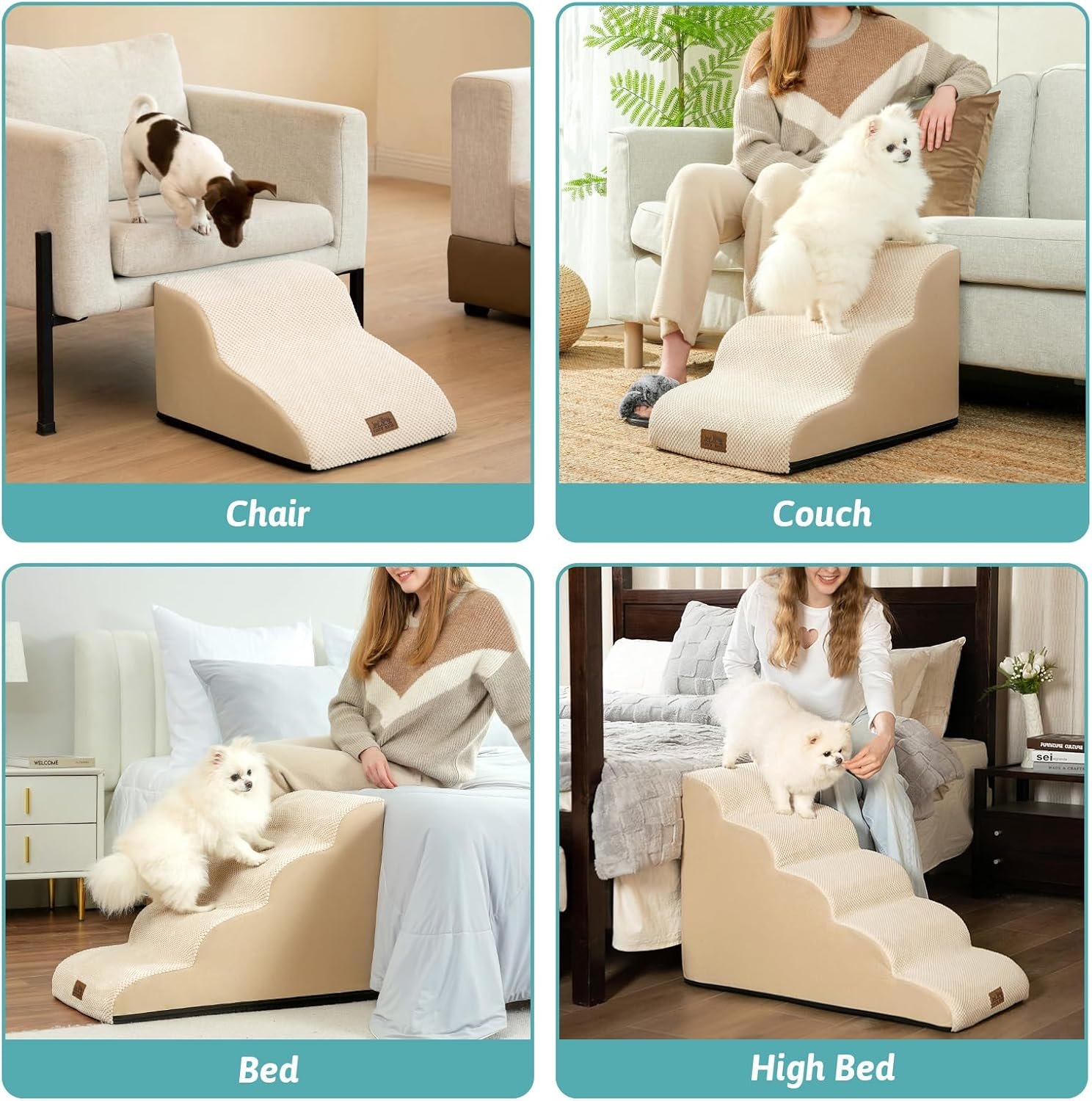 Dog Stairs for Small Dog 22.6" H, Curved Pet Step for Puppy, Older Cat, Medium Pet Ramp for High Bed, Ladder with High Density Foam, Durable, 5 Step, 15.7x33x22.6 inch, Beige - Image 6