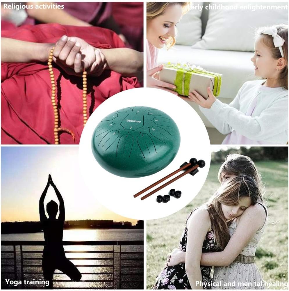 Steel Tongue Drum, Handpan Tank Drum 11 Notes 10 inch Meditation Percussion Instrument with Mallets, Finger Picks, Bag, Music Book for Musical Education Entertainment Concert Yoga Gift (Green 10 inch) - Image 6