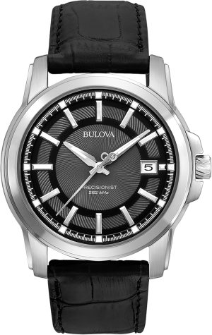 Bulova Men’s Precisionist 3-Hand Calendar in Stainless Steel with Black Leather Strap and Black Patterned Dial Style: 96B158