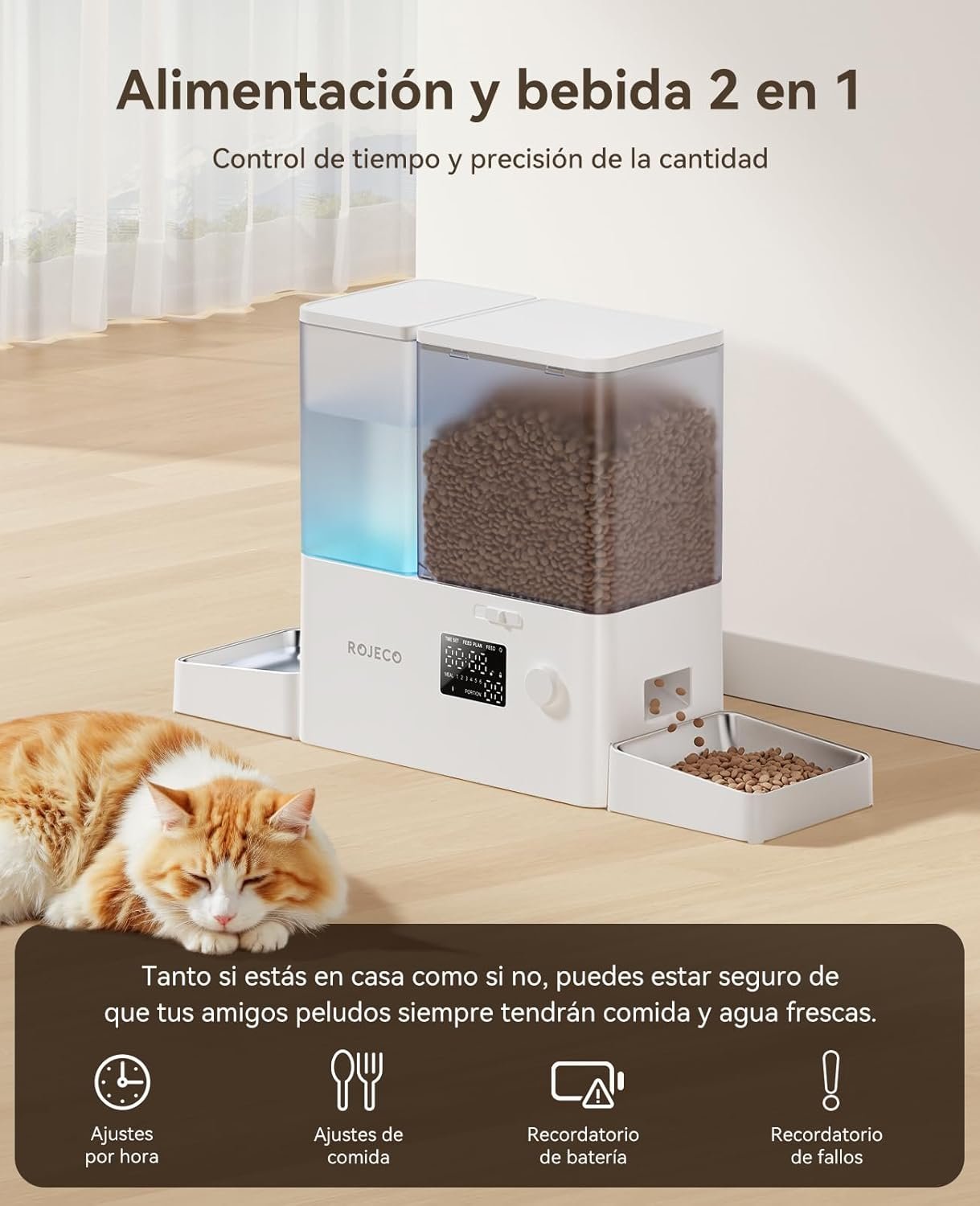 Rojeco 36Cups/8.5L Pet Automatic Cat Feeder and Gravity Water Dispenser,Stainless Steel Bowls 2-in-1 Set Large Capacity 5L Food Feeder and 3.5L Water Fountain for Cats,Pets,Small Dogs,Puppies,Kittens - Image 2