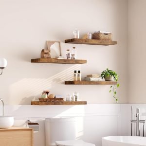 Floating Shelves for Wall, 1.5″ Thick Wall Shelf Set of 4 with Invisible Brackets, 23.6L x 7.9W Hanging Shelves Farmhouse Home Decor for Bathroom, Living Room, Bedroom, Rustic Brown 6301BJP4BF