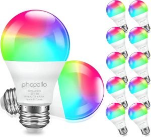phopollo Smart Light Bulbs, RGBCW WiFi Multicolor Led Light Bulbs Compatible with Alexa & Google Home Assistant, A19 E26 9W 60W Equivalent 800Lumen, App Control, No Hub Required, 12 Pack