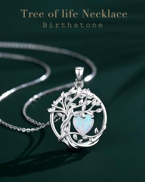 FANCIME Tree of life Birthstone necklace Sterling Silver Pendant Birthstone Necklace Gemstone Anniversary Birthday Jewelry Christmas Gifts for Mom Her Wife