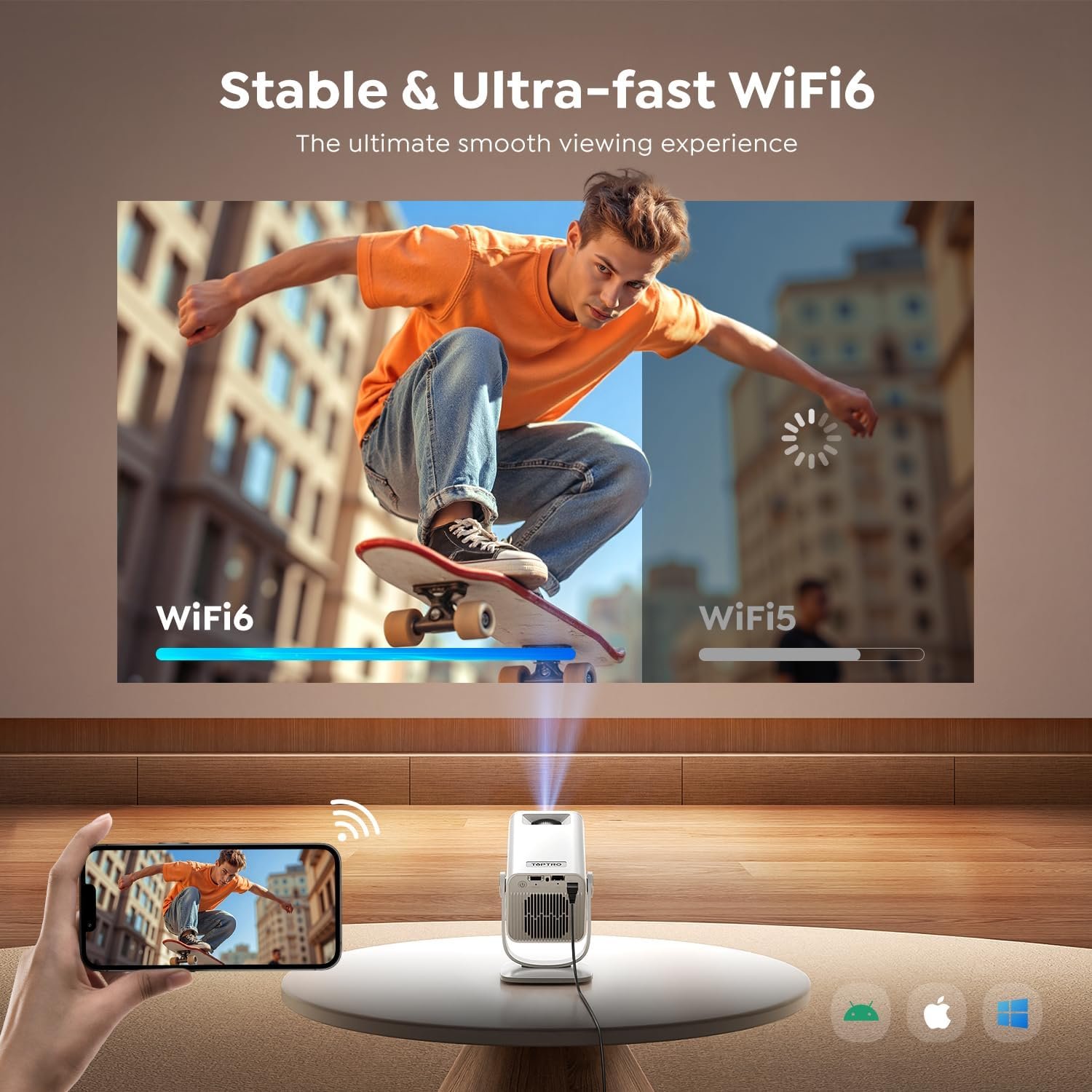 Mini Projector with WiFi6 and Two-Way Bluetooth5.4, 4K Smart 1080P Portable Outdoor Movie Proyector with Android 13 & Built-in Apps, Auto Keystone & 270° Rotation,Compatible with Phone/HDMI/TV Stick - Image 5