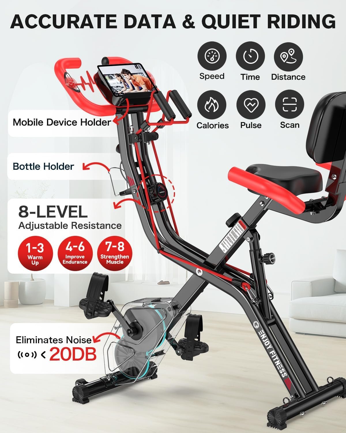 pooboo Folding Exercise Bike, Foldable Upright Stationary Bike, Indoor Cycling Magnetic X-Bike with 8-Level Adjustable Resistance, 6.6 LBS Flywheel, 300LB Capacity, Bottle Holder & Back Support Cushion for Home Gym - Image 4